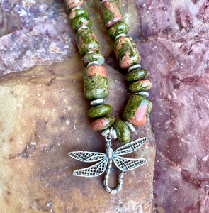 DRAGONFLY UNAKITE NECKLACE, Sterling Silver, 20", Beaded, Natural Stone Gemstone Crystal Jewelry