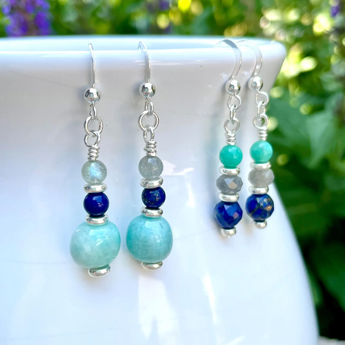 AMAZONITE EARRINGS with Lapis Lazuli & Labradorite, Silver Dangle, Genuine, Crystal Natural Stone Gemstone