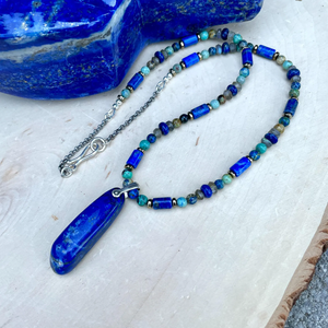 LAPIS LAZULI NECKLACE with Azurite Chrysocolla, Labradorite & Pyrite, Beaded, 18", Natural Stone Crystal Gemstone Pendant, Silver Chain