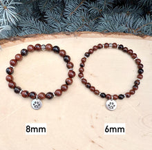 MAHOGANY OBSIDIAN BRACELET with Dog Paw Charm, Silver, Stretch, Gemstone Crystal Stone, Dog Lovers Gift
