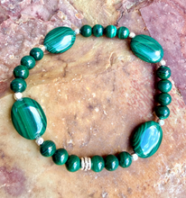 MALACHITE & SILVER BRACELET Beaded Stretch, Emerald Green Crystal Natural Stone Gemstone