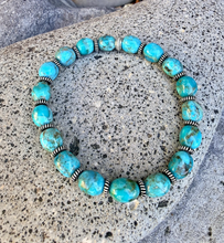 KINGMAN TURQUOISE BRACELET, with Silver, Stretch, Blue Green Potato/Pebble, Beaded, Genuine, Natural Stone Gemstone