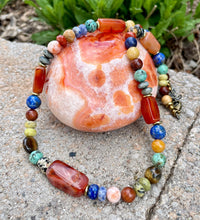 BOHO FIESTA NECKLACE & Bracelet Set, featuring Carnelian Agate + other Gemstones, Antiqued Brass Adjustable Chain, Crystal Natural Stone