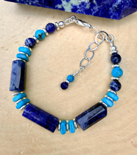 SODALITE & KINGMAN TURQUOISE Bracelet, Silver, Adjustable, Clasp, Beaded, Natural Stone Crystal Gemstone