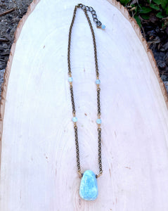 AQUAMARINE PENDANT NECKLACE with Brass, March Birthstone, Natural Stone Gemstone Crystal, adjustable