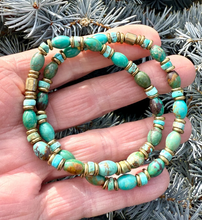 TURQUOISE & BRASS BRACELET, Blue Green, Stretch Beaded, Genuine, Crystal Natural Stone Gemstone, Small Bead