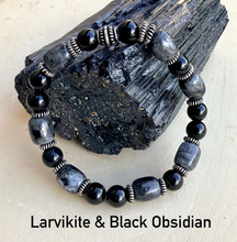 LARVIKITE & BLACK OBSIDIAN Stone Bracelet, Choice, Natural Norway Norwegian Gemstone, Beaded, Men's, Unisex