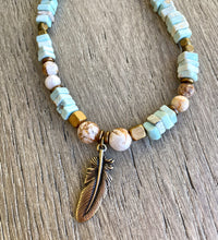 Nevada Dry Creek TURQUOISE NECKLACE with Opalized Petrified Wood & Feather, 16", 18", 20" Genuine, Crystal Natural Stone Gemstone