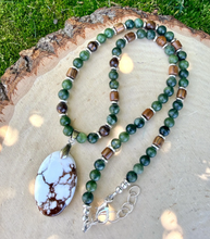WILD HORSE JASPER Pendant Necklace with Jade, Bronzite, Black Rosewood, Silver, Beaded, Adjustable 18"-20"