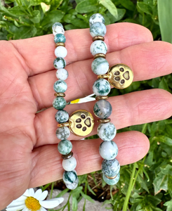 GREEN TREE AGATE Bracelet with Dog Paw Charm, Gold, Stretch, Gemstone Crystal Stone, Dog Lovers Gift