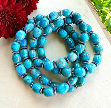 KINGMAN TURQUOISE BRACELET, with Silver, Stretch, Blue Green Potato/Pebble, Beaded, Genuine, Natural Stone Gemstone
