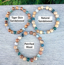 MOSS AGATE & WOOD Bracelet, Choice, Petrified Wood, Natural or Tiger Skin Sandalwood, Silver, Stretch, Earthy Green Gemstone