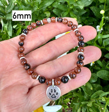 MAHOGANY OBSIDIAN BRACELET with Dog Paw Charm, Silver, Stretch, Gemstone Crystal Stone, Dog Lovers Gift