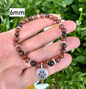 MAHOGANY OBSIDIAN BRACELET with Dog Paw Charm, Silver, Stretch, Gemstone Crystal Stone, Dog Lovers Gift