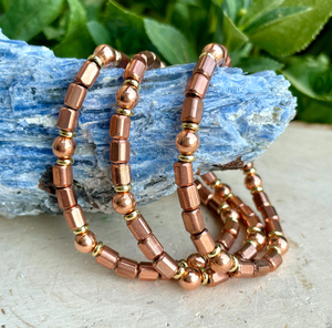 COPPER BEAD BRACELET, with Gold Accents, Stretch, Beaded, 6"-8.5", Healing Mineral