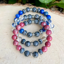 THULITE, LAPIS LAZULI & Clear Quartz Bracelet Stack, with Larvikite and Silver, 10mm Beaded, Stretch, Genuine Natural Stone Gemstone