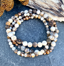 PETRIFIED WOOD BRACELET Stack with Copper Stretch Bracelets, Opalized Natural Stone Gemstone Crystal, Brown/Beige