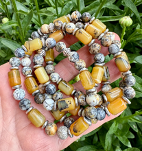 South African DENDRITIC & YELLOW OPAL Bracelet, Stretch, Natural Stone Beaded Gemstone Crystal, Men or Women