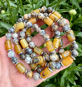 South African DENDRITIC & YELLOW OPAL Bracelet, Stretch, Natural Stone Beaded Gemstone Crystal, Men or Women
