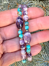 TURQUOISE & CHEVRON AMETHYST Bracelet, Stretch, 5-6mm + Oval, Beaded, Silver, Genuine Natural Stone Gemstone Crystal