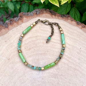 CHRYSOPRASE JEWELRY SET, 20" Necklace, Adjustable Bracelet & Dangling Earrings, Brass Accents, Australian Gemstone, Crystal Natural Stone