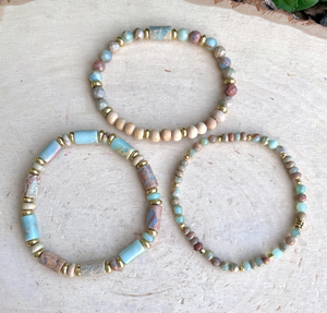 SNAKE SKIN JASPER Bracelet Stack, with Rosewood & Brass, Earth Tones, Natural Stone, Gemstone Crystal