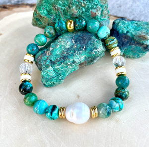 CHRYSOCOLLA BRACELET, Choice Clasp or Stretch, AAA Arizona Gemstone, Gold Accents, Pearl, Clear Quartz, Crystal Natural Stone