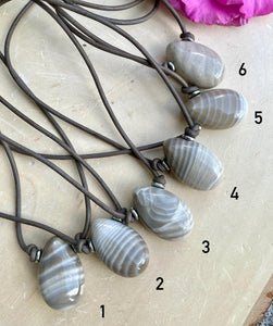 POLISH FLINT PENDANT Necklace, Choice, Brown Leather Cord, Poland Banded Natural Stone, Gemstone Crystal, Adjustable 14"-22"