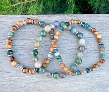 MOSS AGATE & SANDALWOOD Bracelet Stack, Silver, Stretch, Genuine Natural Green Gemstone, Wood, Crystal, Earthy Stone