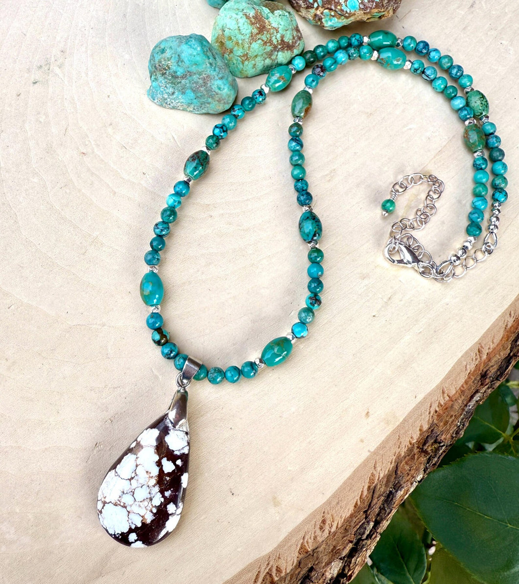GENUINE TURQUOISE NECKLACE with Wild Horse Jasper Pendant, Beaded, Silver, Adjustable 18