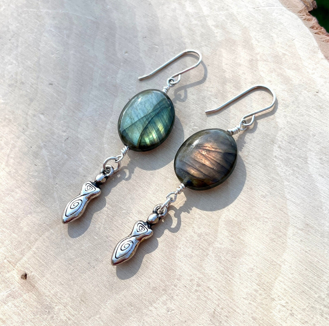 LABRADORITE SPIRAL GODDESS Dangle Earrings, Sterling Silver Hooks, Flashy Gemstone Stone Crystal Earring Set