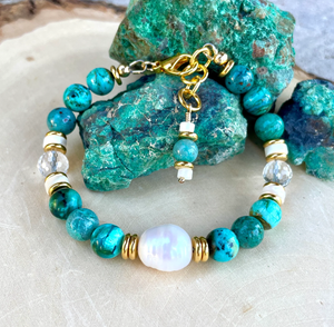 CHRYSOCOLLA BRACELET, Choice Clasp or Stretch, AAA Arizona Gemstone, Gold Accents, Pearl, Clear Quartz, Crystal Natural Stone