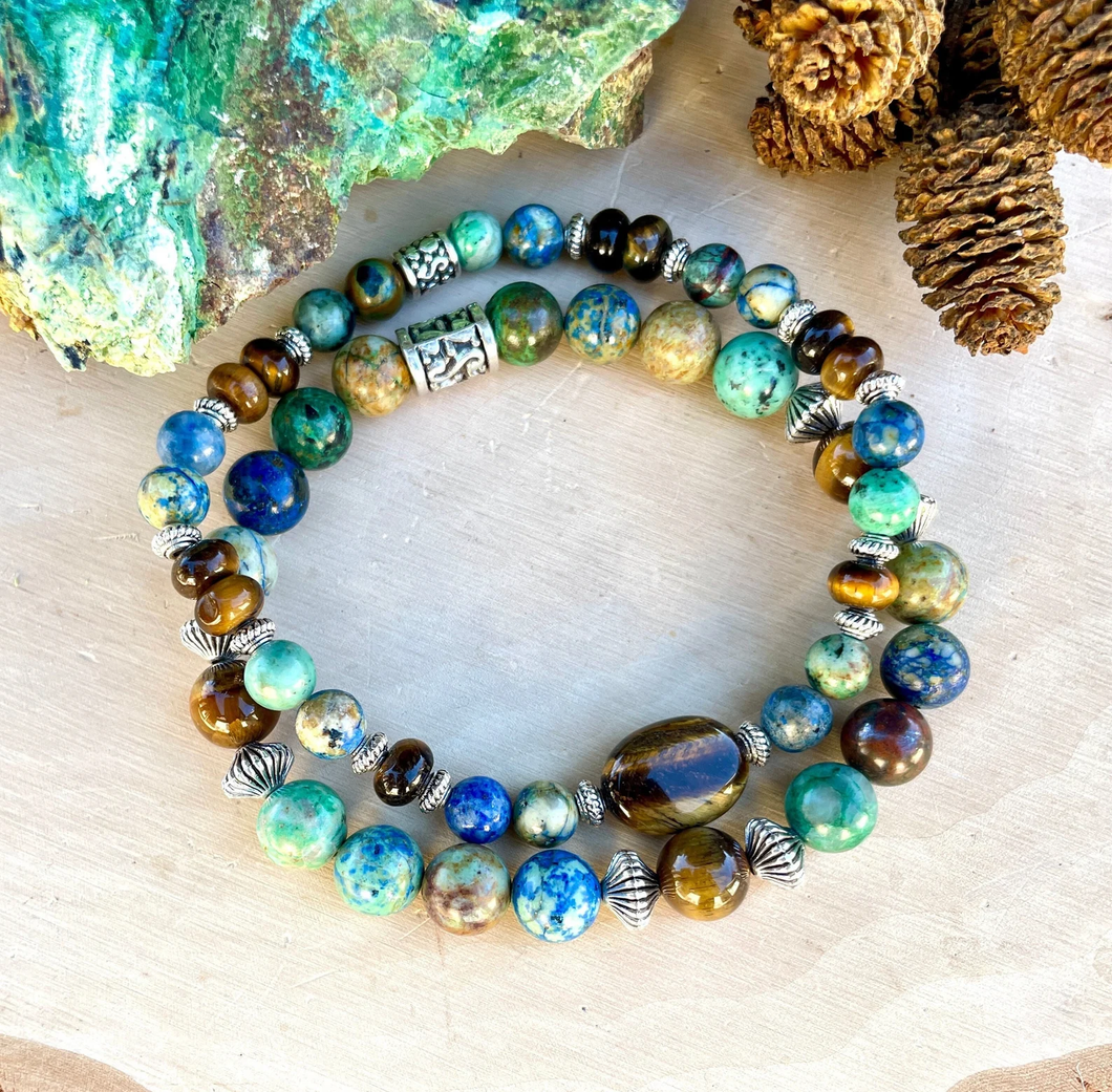 AZURITE CHRYSOCOLLA BRACELET Duo Stack with Tiger's Eye, Silver, Natural Blue Green Brown Stone, Arizona Gemstone Crystal