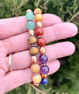 7 CHAKRAS BRACELET with COPPER, Beaded Stretch, Natural Stone Gemstone, Healing Chakra Crystals