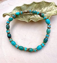 TURQUOISE & BRASS BRACELET, Blue Green, Stretch Beaded, Genuine, Crystal Natural Stone Gemstone, Small Bead