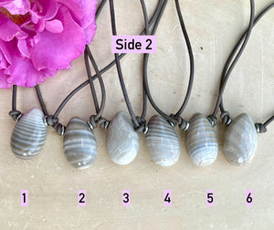 POLISH FLINT PENDANT Necklace, Choice, Brown Leather Cord, Poland Banded Natural Stone, Gemstone Crystal, Adjustable 14"-22"