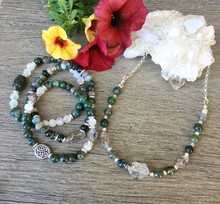 MOSS AGATE & RAINBOW Moonstone Bracelet, Stretch, Natural Stone Gemstone, Green and White Crystal