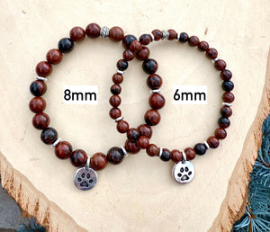 MAHOGANY OBSIDIAN BRACELET with Dog Paw Charm, Silver, Stretch, Gemstone Crystal Stone, Dog Lovers Gift