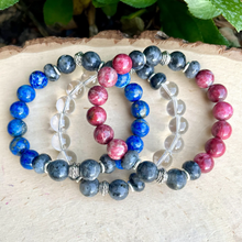 THULITE, LAPIS LAZULI & Clear Quartz Bracelet Stack, with Larvikite and Silver, 10mm Beaded, Stretch, Genuine Natural Stone Gemstone