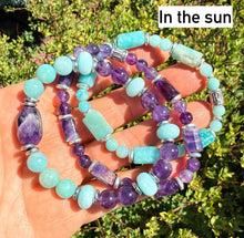 PERUVIAN AMAZONITE & AMETHYST Bracelet Stack, Natural Stone Gemstone Crystal, Stretch Beaded