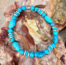 KINGMAN TURQUOISE BRACELET with Silver, Stretch, Blue Round & Pebble, Beaded, Genuine, Crystal Natural Stone Gemstone