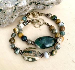 Ocean Jasper & Antiqued Brass Bracelet, Choice, Adjustable Clasp 7"-7.75", Beaded Natural Stone Gemstone Crystal