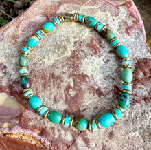 TURQUOISE & BRASS BRACELET, Blue Green, Stretch Beaded, Genuine, Crystal Natural Stone Gemstone, Small Bead