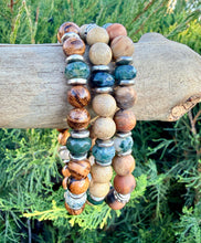 MOSS AGATE & WOOD Bracelet, Choice, Petrified Wood, Natural or Tiger Skin Sandalwood, Silver, Stretch, Earthy Green Gemstone