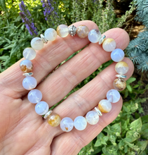 BLUE CHALCEDONY BRACELET with Silver, Namibia Natural Stone, Golden Matrix, 8mm Stretch Beaded Gemstone Crystal