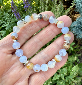 BLUE CHALCEDONY BRACELET with Silver, Namibia Natural Stone, Golden Matrix, 8mm Stretch Beaded Gemstone Crystal