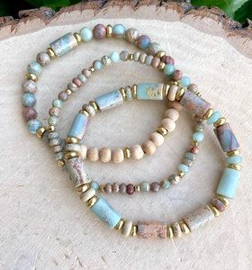 SNAKE SKIN JASPER Bracelet Stack, with Rosewood & Brass, Earth Tones, Natural Stone, Gemstone Crystal