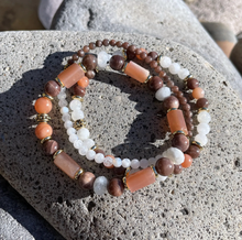 MOONSTONE BRACELET STACK, Rainbow, Chocolate, Peach, with Gold Accents, Natural Stone, Gemstone Crystal, Set of 3 Stretch Bracelets