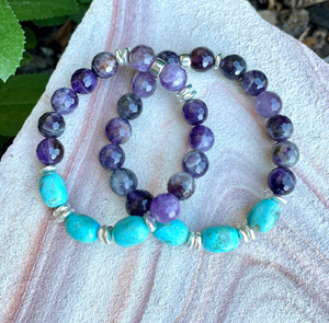 KINGMAN TURQUOISE & AMETHYST Bracelet, Stretch, Beaded, Silver, Natural Stone Gemstone Crystal Quartz