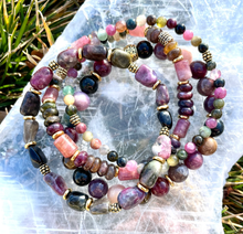 Choice WATERMELON TOURMALINE BRACELETS with Gold Accents, Stretch Beaded, Multi-Colored Natural Stone Gemstone Crystal, 4-8mm